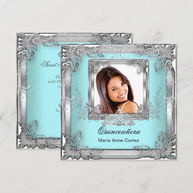 Convite Quinceañera 15 Birthday Teal White Silver Tiara (Frente/Verso)