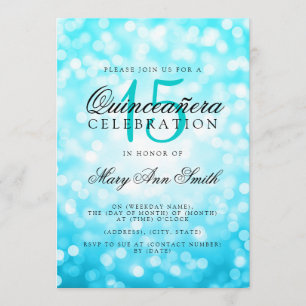 Convite Quinceanera 15 Birthday Turquoise Bokeh Lights