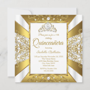 Convite Quinceanera 15 Birthday White Dourado Pearl Tiara