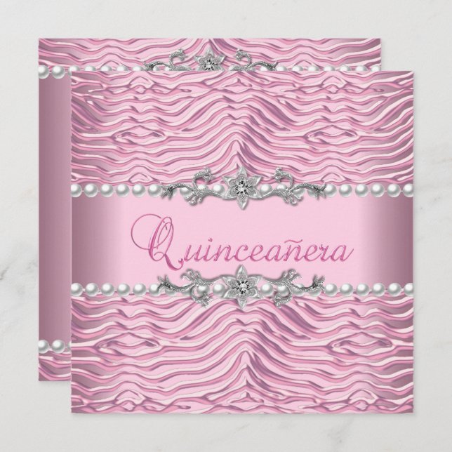 Convite Quinceanera 15 Birthday White Pearl Zebra Rosa Ros (Frente/Verso)