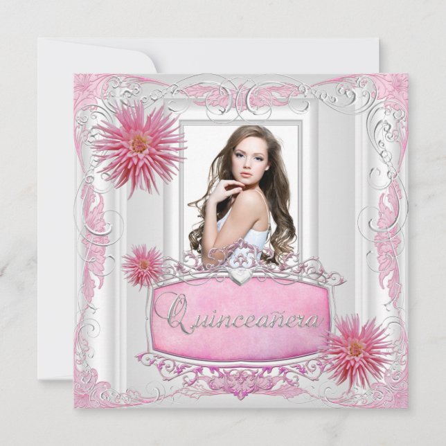 Convite Quinceanera 15 Birthday White Pink Silver Dahlia (Frente)