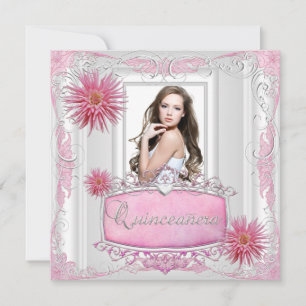 Convite Quinceanera 15 Birthday White Pink Silver Dahlia