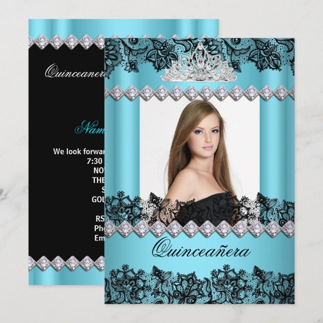 Convite Quinceanera 15 Blue Black Lace Foto (Frente/Verso)