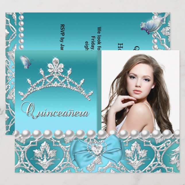 Convite Quinceanera 15 Blue Damask Butterfly Adicionar Fot (Frente/Verso)
