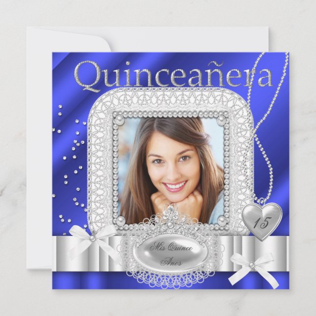 Convite Quinceanera 15 Blue Lace Pearl Foto (Frente)