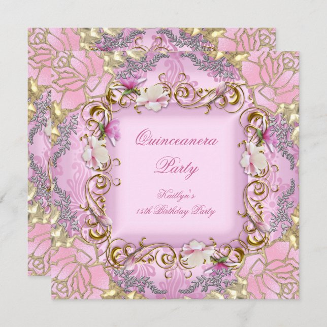Convite Quinceanera 15 Bonito Rosa Damasco Dourado Floral (Frente/Verso)