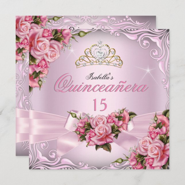 Convite Quinceanera 15 Bonito Rosas Rosa Tiara Aniversário (Frente/Verso)
