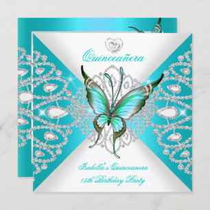 Convite Quinceanera 15 Bonito Teal Blue Borboleta Tiara