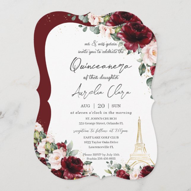 Convite Quinceañera 15 Burgundy Blush Floral Eiffel Paris (Frente/Verso)