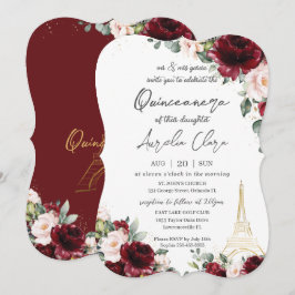 Convite Quinceañera 15 Burgundy Blush Floral Eiffel Paris