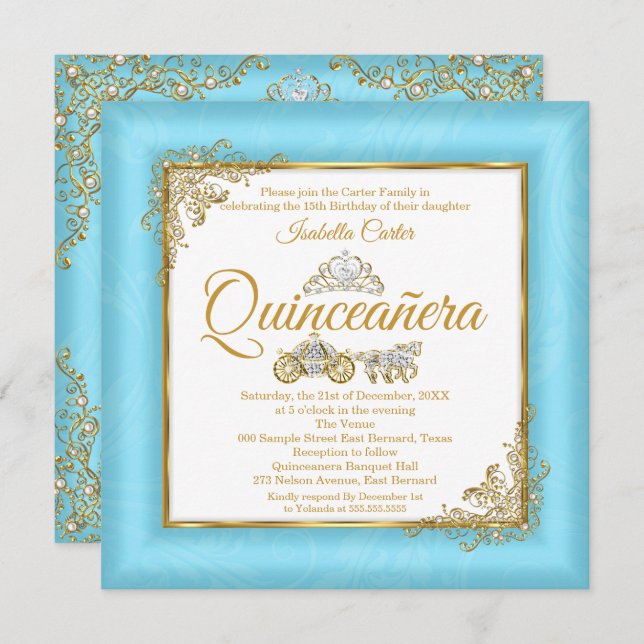 Convite Quinceanera 15 Cinderella Blue Pearl Tiara Foto (Frente/Verso)