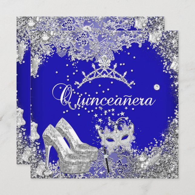 Convite Quinceanera 15 Cobalt Blue Silver Mask Tiara (Frente/Verso)