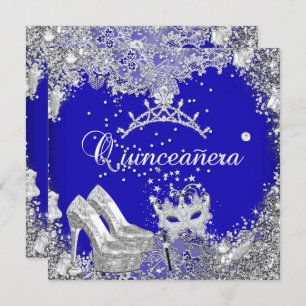 Convite Quinceanera 15 Cobalt Blue Silver Mask Tiara
