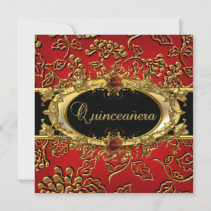 Convite Quinceanera 15 Damask Red Dourado
