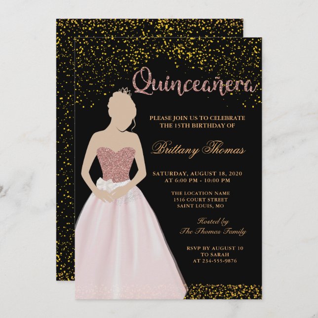 Convite Quinceanera, 15 de Negra e Dourada moderna, Aniver (Frente/Verso)
