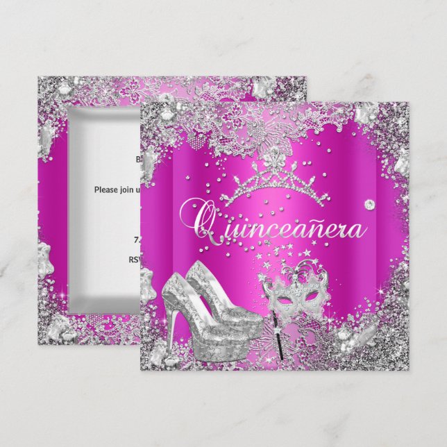 Convite Quinceanera 15 de Prata Rosa Quente, Máscara Tiara (Frente/Verso)
