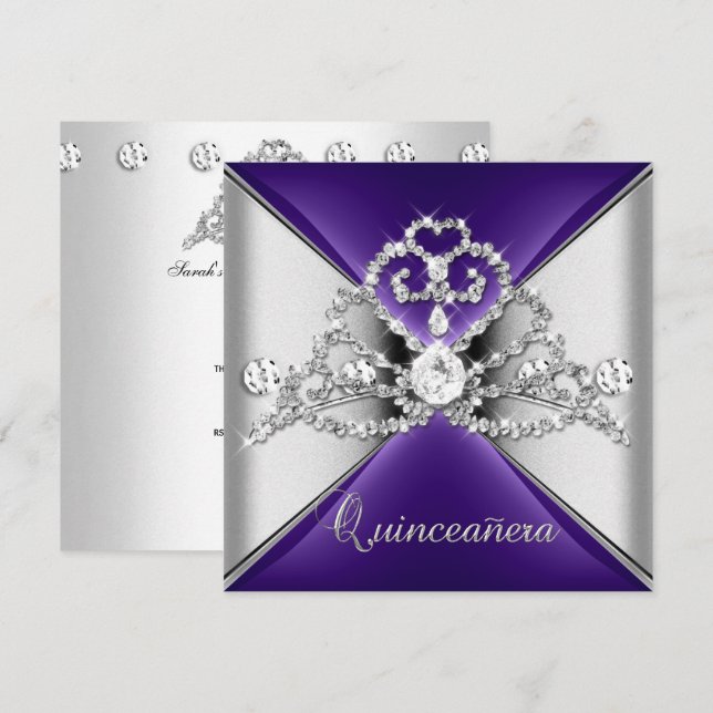 Convite Quinceanera 15 Diamante Branco de Prata Roxo Tiara (Frente/Verso)