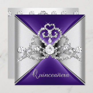 Convite Quinceanera 15 Diamante Branco de Prata Roxo Tiara