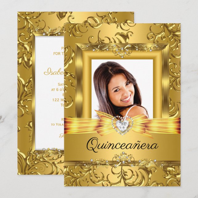 Convite Quinceanera 15 Dourado Damask Photo Pearl (Frente/Verso)
