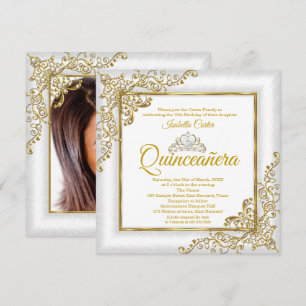 Convite Quinceanera 15 Dourado Pearl Branco Tiara Foto