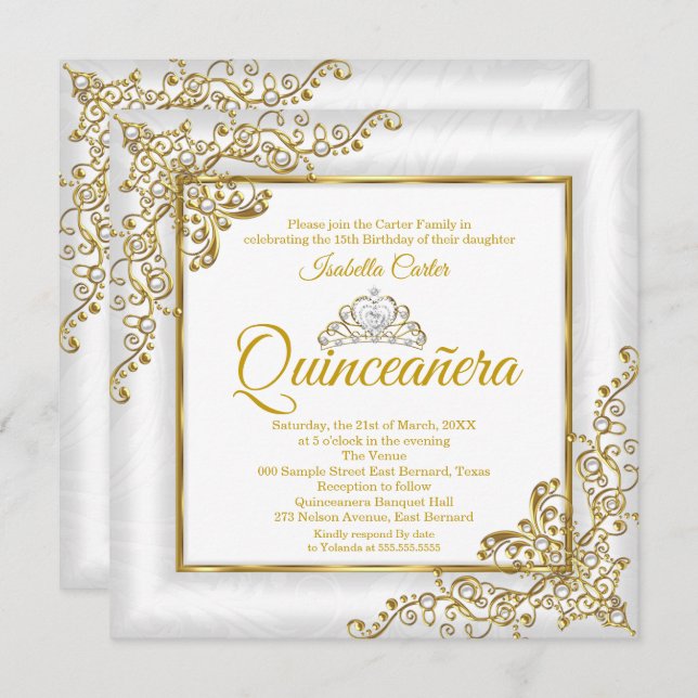 Convite Quinceanera 15 Dourado Pearl Branco Tiara Foto (Frente/Verso)