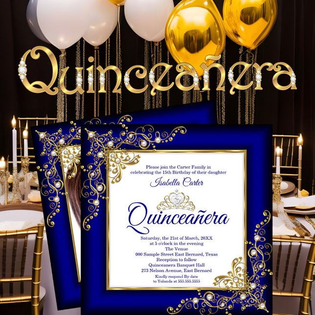 Convite Quinceanera 15 Dourado Royal Blue Pearl Tiara Foto (Criador carregado)