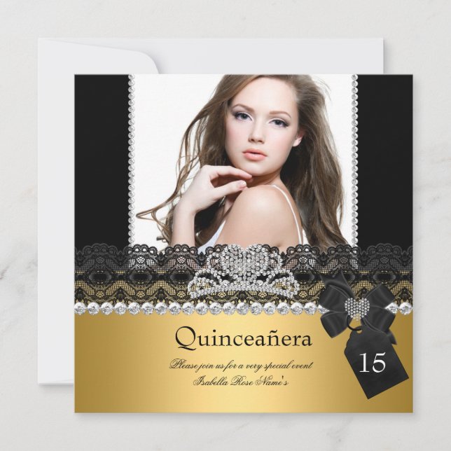 Convite Quinceanera 15 Dourado Silver Photo Lace Preto (Frente)