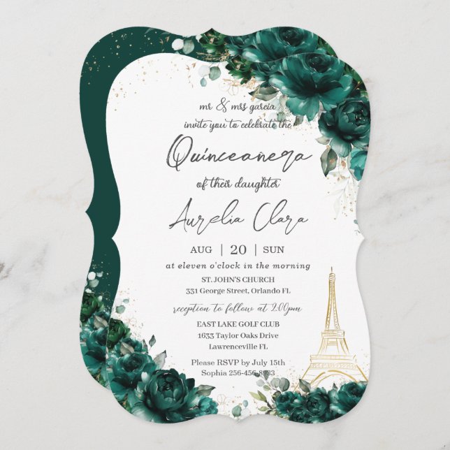 Convite Quinceañera 15 Emerald Green Floral Eiffel Paris (Frente/Verso)