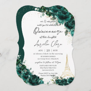 Convite Quinceañera 15 Emerald Green Floral Eiffel Paris
