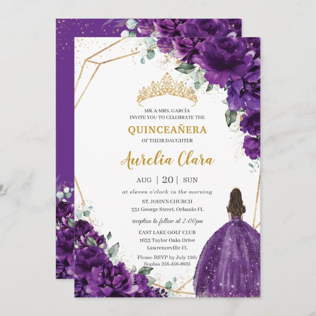 Convite Quinceañera 15 Escuro Roxo Dourado (Frente/Verso)