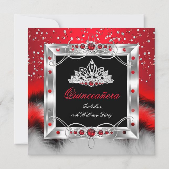 Convite Quinceanera 15 Feather Red Pearl Glamor (Frente)