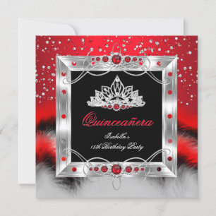 Convite Quinceanera 15 Feather Red Pearl Glamor