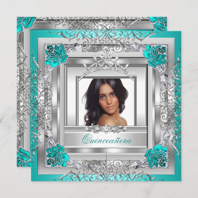 Convite Quinceañera 15 Festa de aniversário Teal Silver Ti (Frente/Verso)