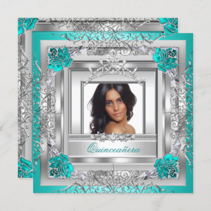 Convite Quinceañera 15 Festa de aniversário Teal Silver Ti