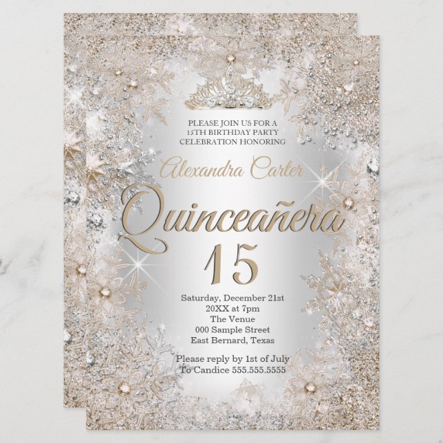 Convite Quinceanera 15 Foto Silver Beige Snowflake (Frente/Verso)