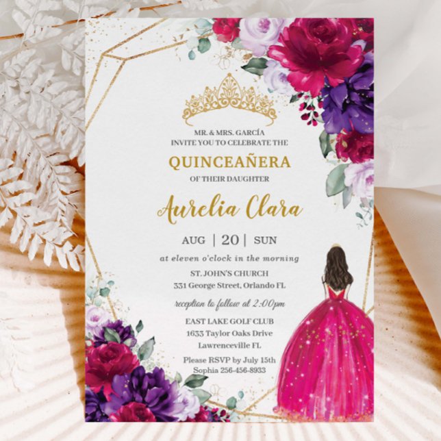 Convite Quinceañera 15 Fuchsia Vestir Roxo Lilac Floral (Criador carregado)