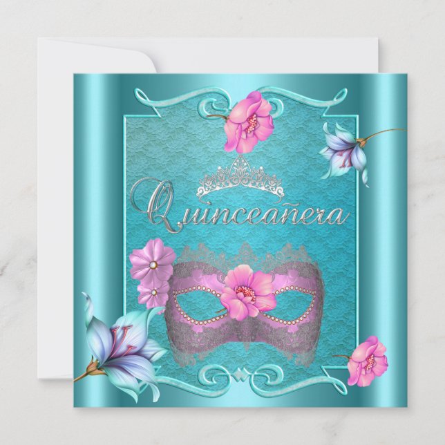Convite Quinceanera 15 Mask Teal Blue Prata Rosa (Frente)
