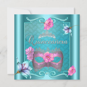 Convite Quinceanera 15 Mask Teal Blue Prata Rosa