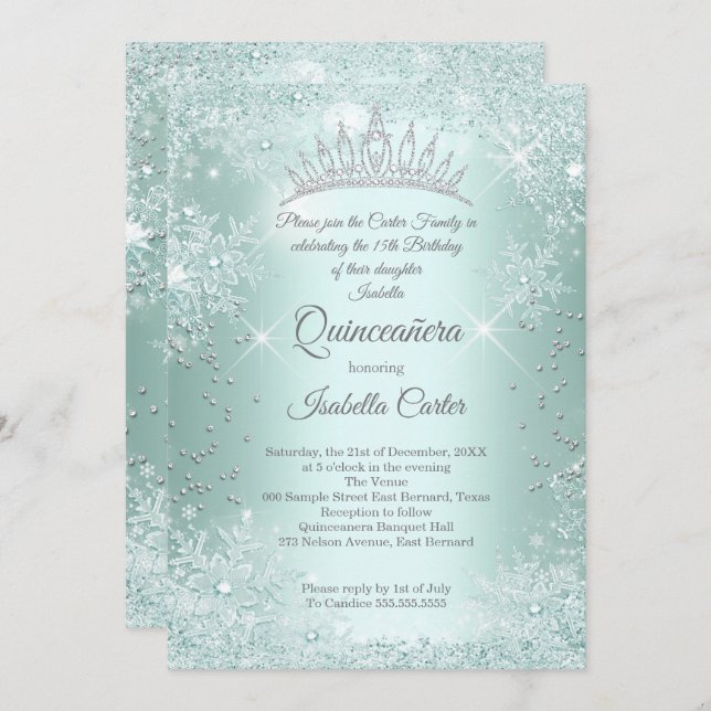 Convite Quinceanera 15 Mint Teal Snowflake Winter (Frente/Verso)