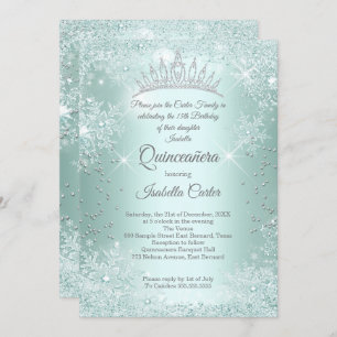 Convite Quinceanera 15 Mint Teal Snowflake Winter