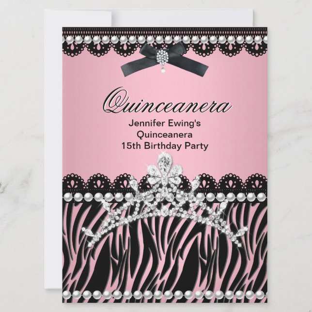 Convite Quinceanera 15 Negro Rosa Zebra Tiara (Frente)