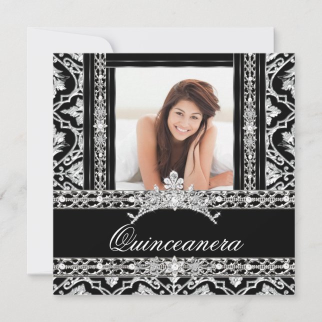 Convite Quinceanera 15 Partido Black White Damask Diamond (Frente)
