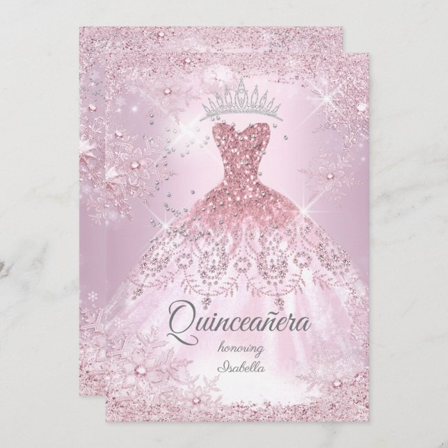 Convite Quinceanera 15 pincel cor-de-rosa Floco de neve Ve (Frente/Verso)