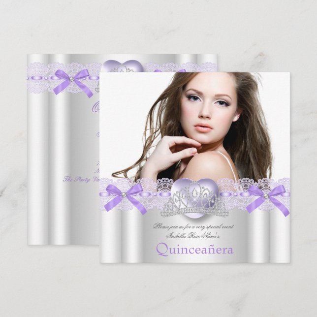 Convite Quinceanera 15 Purple Silver Heart Lace Foto 2 (Frente/Verso)