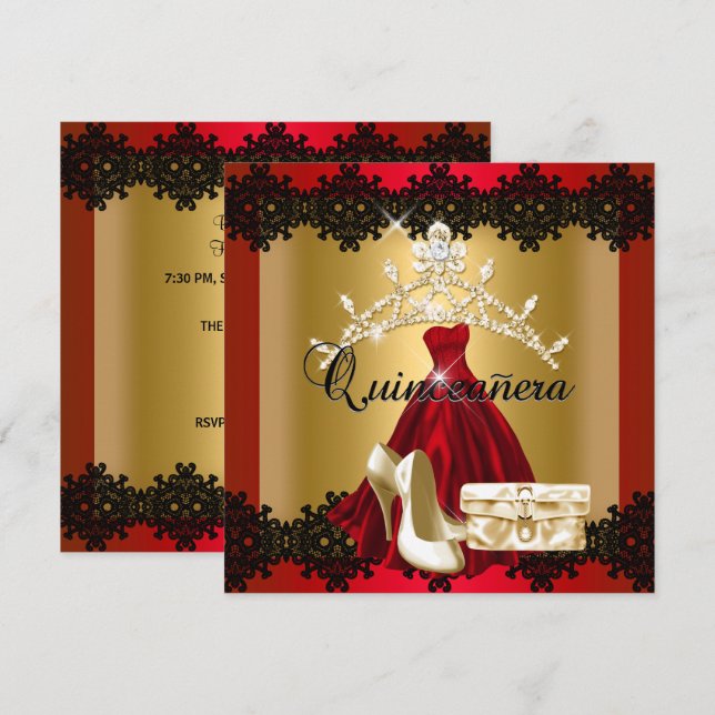 Convite Quinceanera 15 Red Black Dourada Diamond Tiara (Frente/Verso)