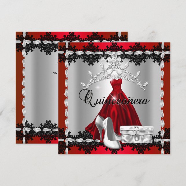 Convite Quinceanera 15 Red Black Silver Diamond Tiara (Frente/Verso)