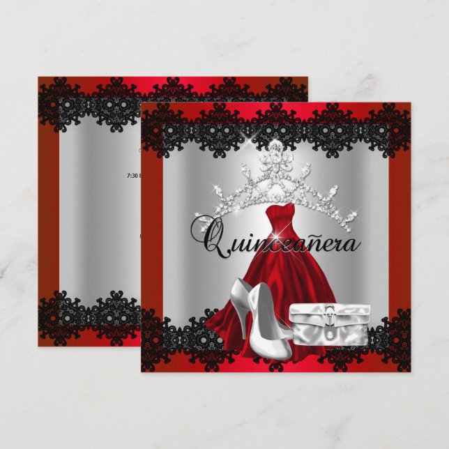 Convite Quinceanera 15 Red Black Silver Diamond Tiara (Frente/Verso)