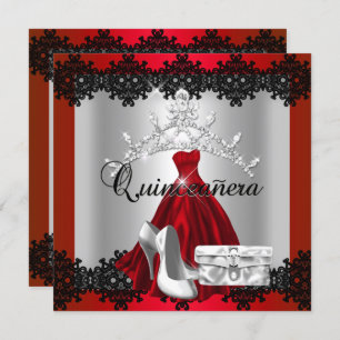 Convite Quinceanera 15 Red Black Silver Diamond Tiara