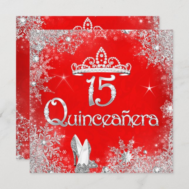 Convite Quinceanera 15 Red Silver Snowflakes Partido 2 (Frente/Verso)
