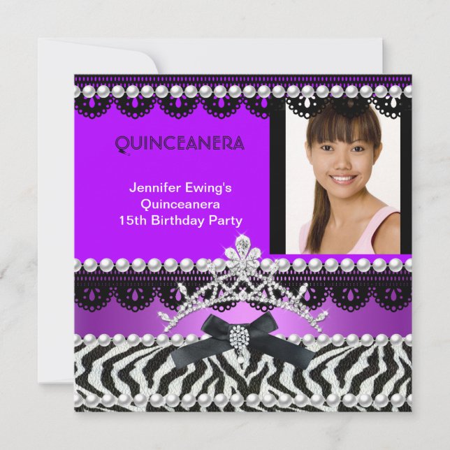 Convite Quinceanera 15 Roxo Zebra Negra Pearl Tiara (Frente)